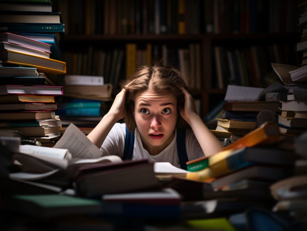 Young female student being overwhelmed by too much school obligations